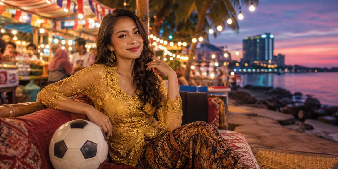 Pemain wanita Malaysia berbaju kebaya membuat pertaruhan bola sepak dalam talian menggunakan telefon pintar